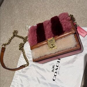 Coach real fur hutch bag patchwork shearling Hutton woman purse pink